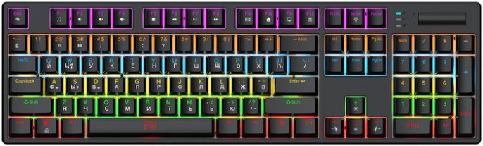 Клавиатура HAFF Synthblood (KBD-MK101) (механическая, проводная: USB, 108 клавиш, SNK switch (red), RGB- подсветка, LED Logo Screen, 1.6м плетеный кабель, цвет: черный/красный)