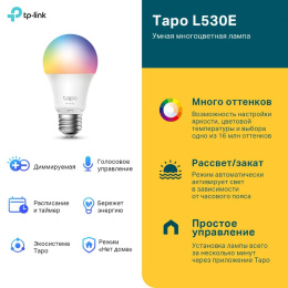 Умная Wi-Fi лампа/ WiFi Bulb, A60 size, E27, 9.5W, 2000k-6500k tunable white, 800 lumens (Tapo L530E)