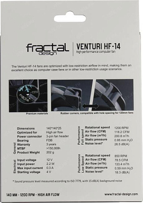 Вентилятор Fractal Design FD-FAN-VENT-HF14-BK VENTURI HF-14 (3пин 140x140x25mm 18.3-26.5дБ 850-1200об/мин)