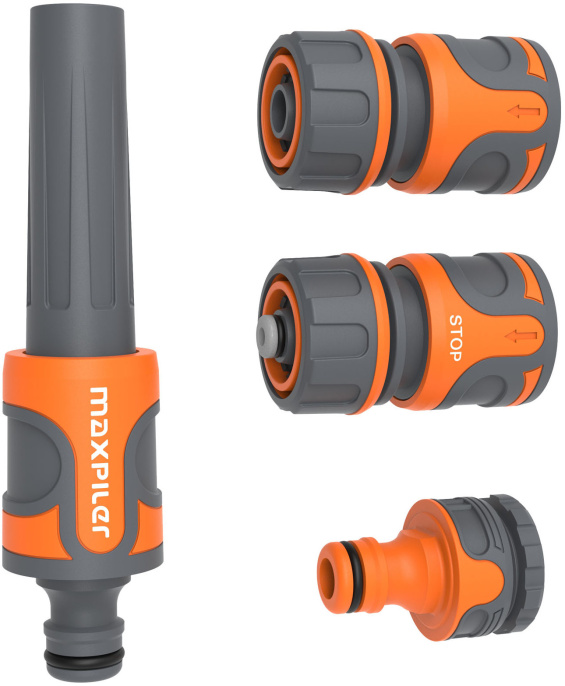 Набор для полива Maxpiler MHS-002 (пистолет-распылитель MWG-004, коннектор 3/4" стандартный MHC-010, коннектор 3/4" с аквастопом MHC-011S, адаптер 3/4" с переходником на 1/2")