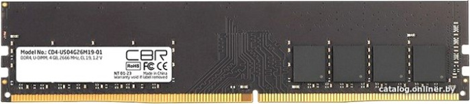 Оперативная память CBR 4ГБ DDR4 2666 МГц CD4-US04G26M19-01 4 ГБ, 1 модуль DDR4 DIMM, частота 2666 МГц, CL 19T, тайминги 19-19-19-43, напряжение 1.2 В