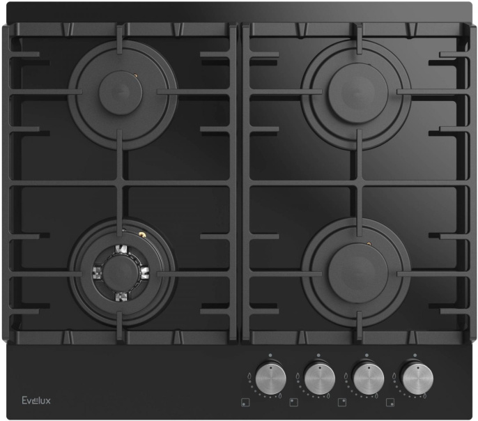 Встраиваемая варочная панель газовая EVELUX Варочная панель газовая, 60 см, 4 конфорки: экономичная конфорка 0,95 кВт , 2 стандартных конфорки 2х1,7 кВт , ВОК конфорка 2,5 кВт , газ-контроль, электроподжиг, черное высокопрочное