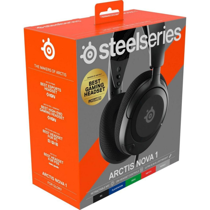 Гарнитура игровая SteelSeries Arctis Nova 1,  для компьютера и игровых консолей, накладные,  проводные, черный [61606]