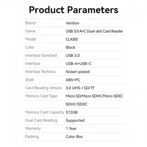Картридер Vention USB 3.0 A+C SD+TF Черный CLKB0