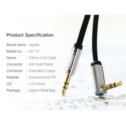 Кабель угловой UGREEN AV119 10597 3.5mm Male to 3.5mm Male Straight to angle flat Cable. Длина 1 м. Цвет: черный