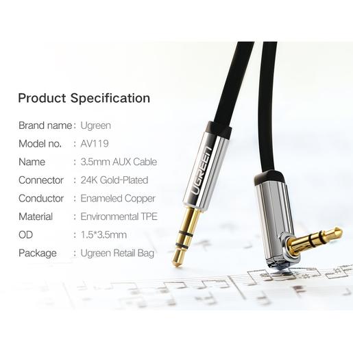 Кабель угловой UGREEN AV119 10597 3.5mm Male to 3.5mm Male Straight to angle flat Cable. Длина 1 м. Цвет: черный