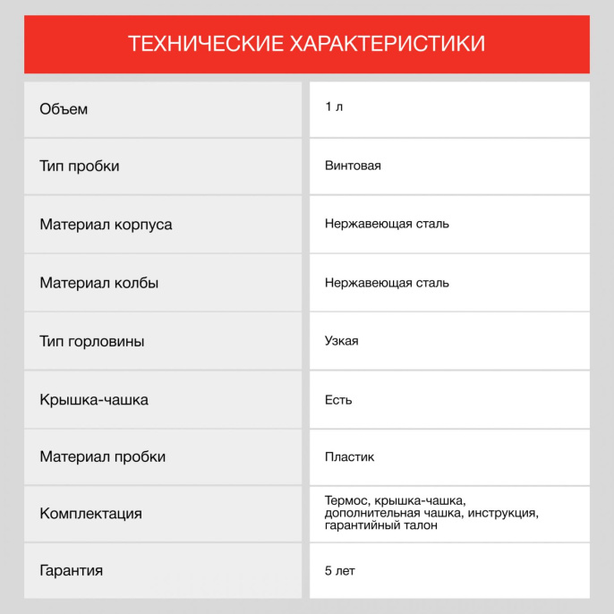 Термос StarWind 20-1000, 1л, серебристый/ красный