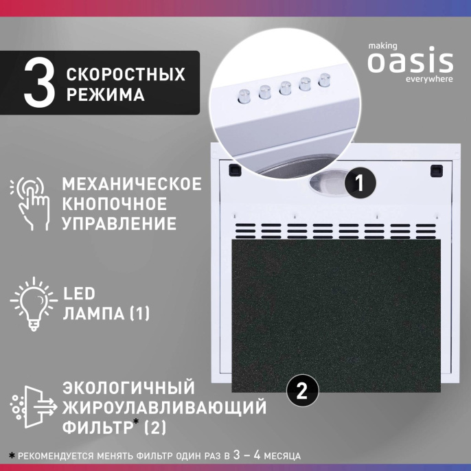 Вытяжка козырьковая OASIS PO-60W, управление кнопочное, белый