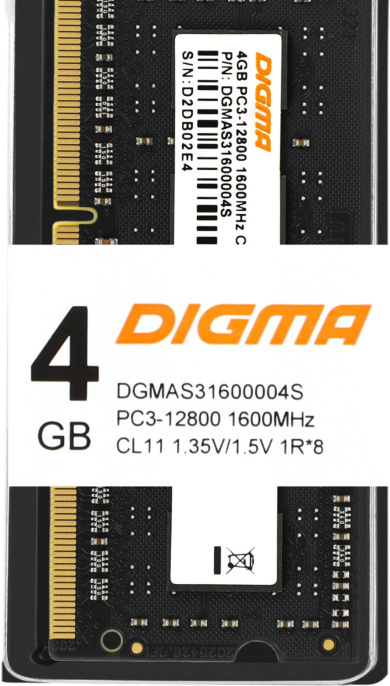 Оперативная память Digma DGMAS31600004S DDR3 -  1x 4ГБ 1600МГц, для ноутбуков (SO-DIMM),  Ret