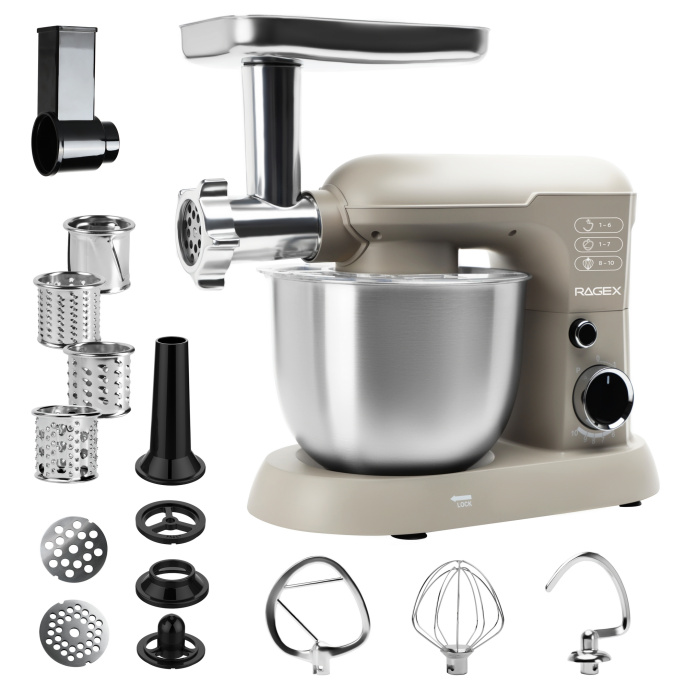 Кухонный комбайн RAGEX R106-110 11 в 1, 5.2 литра, 10 скоростей, 1500 Вт, бежевый