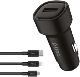 Автомобильное зарядное устройство с тройным кабелем TTEC 2CKS30TS SmartCharger 2.4A Car Charger With Trio Cable. Цвет: черный