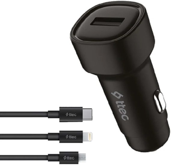 Автомобильное зарядное устройство с тройным кабелем TTEC 2CKS30TS SmartCharger 2.4A Car Charger With Trio Cable. Цвет: черный