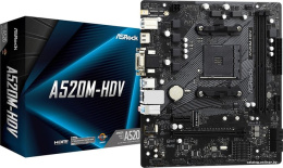 Материнская плата Asrock A520M-HDV Soc-AM4 AMD A520 2xDDR4 mATX AC`97 8ch 7.1 GbLAN RAID+VGA+DVI+HDMI