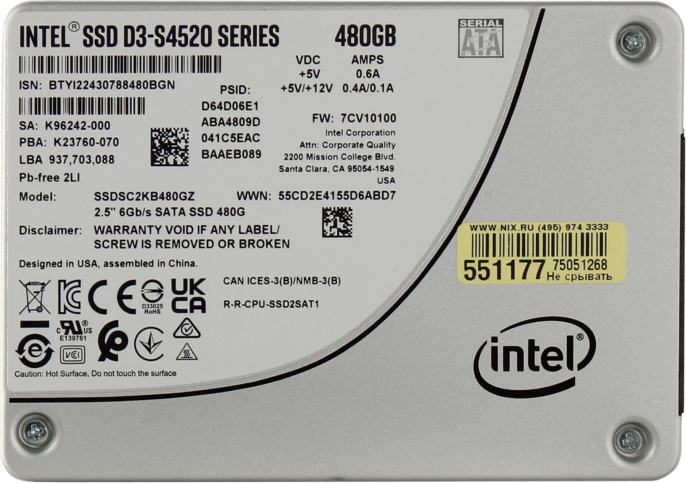 Накопитель SSD Supermicro D3 S4520 480GB SATA 6Gb/s 3D TLC 2.5 7.0mm 2DWPD SSDSC2KB480GZ01 HDS-25T0-480G0-L2-TXD-NON-007