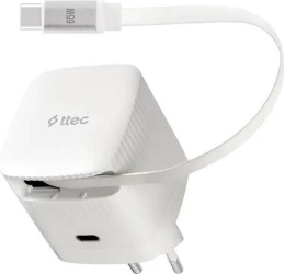 Сетевое зарядное устройство TTEC 2SCG05B SmartCharger Duo GAN 65W PD Travel Fast Charger USB-C со встроенным кабелем PD 65W USB-C. Длина кабеля: 70см. Цвет: белый