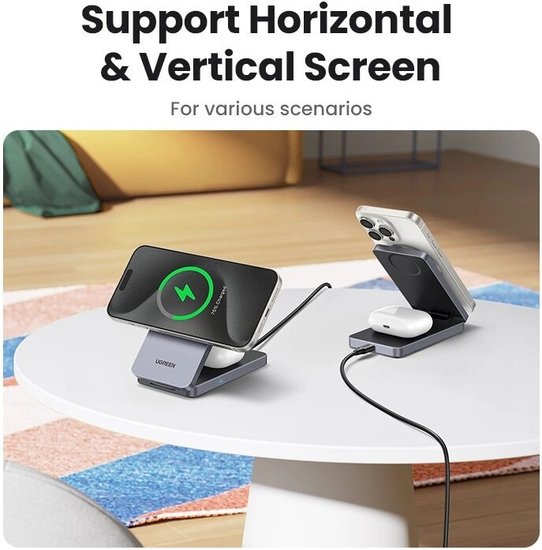 Беспроводное зарядное устройство 2-в-1 UGREEN W706 45023 2-in-1 Wireless Charger Qi2 for Iphone 15W &AirPods. Цвет: серый (45023_)