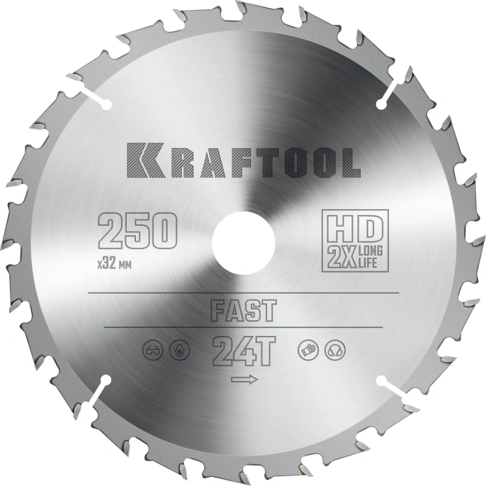 Диск пильный по дереву KRAFTOOL Fast 250x32 мм, 24Т 36950-250-32