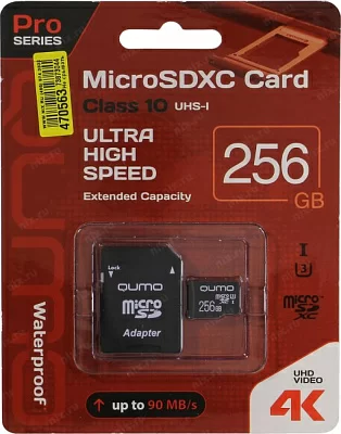 Карта памяти Qumo QM256GMICSDXC10U3 microSDXC 256Gb Class10 UHS-I U3 + microSD-- SD Adapter
