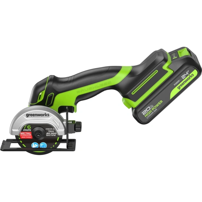 Угловая мини-шлифмашина GreenWorks GD24UCS, 24V, б/щет, 20000 об/мин,76 мм, рез 18 мм, 1x2Ач, ЗУ, коробка 3402007VUA