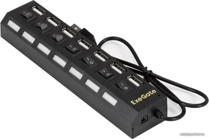 USB-Хаб концентратор 7-в-1 ExeGate DUB-72SW кабель-адаптер USB2.0 -- 7xUSB2.0, кнопки включения/отключения для каждого порта, Plug&Play, черный EX293978RUS