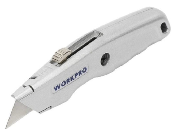 Нож строительный WorkPro WP213006 выдвижной, закаленное лезвие SK5, корпус из легкого алюминиевого сплава, многопозиционное выдвижное лезвие для универсальной резки, встроенная камера для хранения до 5 лезвий