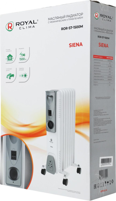 Масляный радиатор Royal Clima Siena ROR-S7-1500M, с терморегулятором, 1500Вт, 7 секций, 3 режима, белый