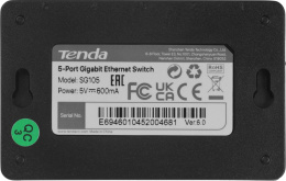 Мини-коммутатор неуправляемый Tenda SG105 5 портов, 5x1 Гбит/с, настольный, пластиковый корпус