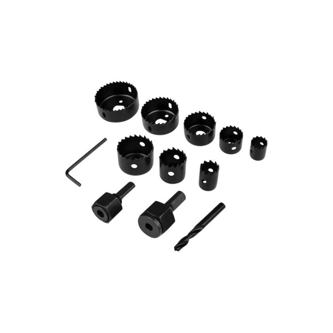 Набор коронок по дереву 19, 22, 28, 32, 38, 44, 54, 64 мм, 2 держателя с ключом KRANZ KR-92-0251