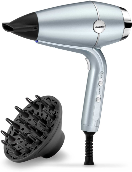 Фен BaByliss D773DE Голубой 2100 Вт, ионизация, независимая регулировка температуры, количество режимов: 6, количество температурных режимов: 3, количество скоростных режимов: 2, подача холодного воздуха, шнур