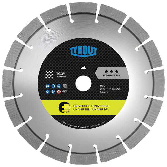 Алмазный круг Tyrolit Premium DCU 230x2.4x22.23 34468871 универсальный, для обработки бетона, железобетона, ячеистого бетона, натурального камня, глиняного кирпича, каменной кладки и твердых материалов, подходит для всех распространенных угловых шлифов