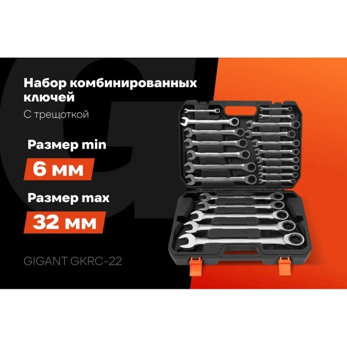 Набор комбинированных трещоточных ключей Gigant в пластиковом кейсе 22 шт GKRC-22
