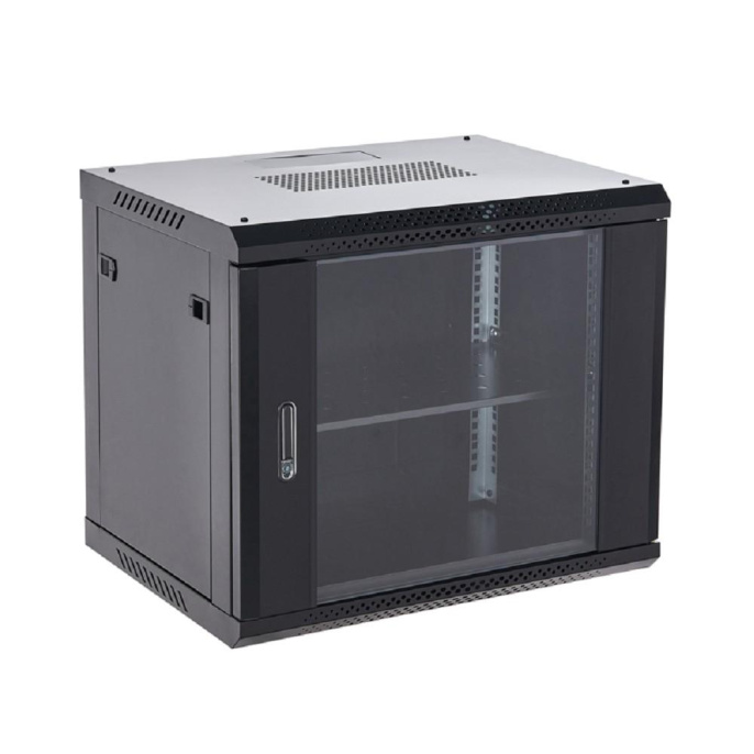 Rexant 04-0966-112 Настенный шкаф 19" 9U 600х600х501 ШхГхВ , дверь стекло, металлическая задняя стенка, боковые съемные стенки, RAL 9005