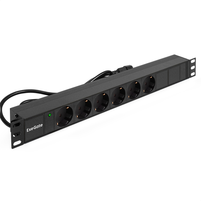 Блок розеток с кабелем с вилкой C14 ExeGate ServerPro PDU-19H604 Al-6S-C14-2.5CU (19", 1U, Алюминий, 6*EU/Тип F(Schuko), кабель с вилкой C14 VDE-250V-10A-3*1.0mm2, медь, 2.5 метра, индикатор питания, черный, RTL) EX280829RUS