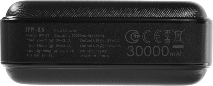 Мобильный аккумулятор Itel IPP-85 30000mAh 2.1A 2xUSB-A черный