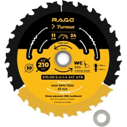 Диск пильный быстрый рез 210 мм (8 1/4"), z24, посадка 30+25.4/20/16 мм RAGE Furious 594234