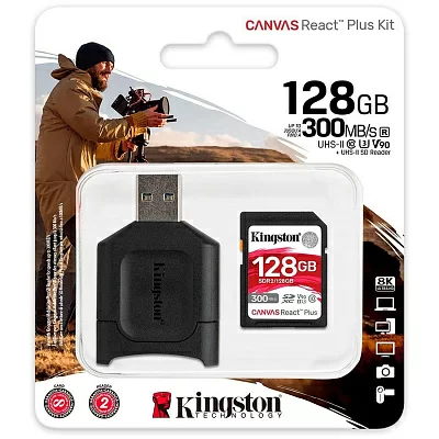 Карта Памяти 128Gb Kingston Canvas React Plus SDXC UHS-II U3 V90 + USB Reader (300/260 Mb/s)