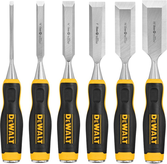 Набор стамесок DeWalt DWHT16852-9 тип: плоская, материал рабочей части: сталь, материал рукоятки: металл, пластик, резина, материал обработки: дерево, количество стамесок: 6шт 6, 13, 19, 25, 32, 38мм , кейс