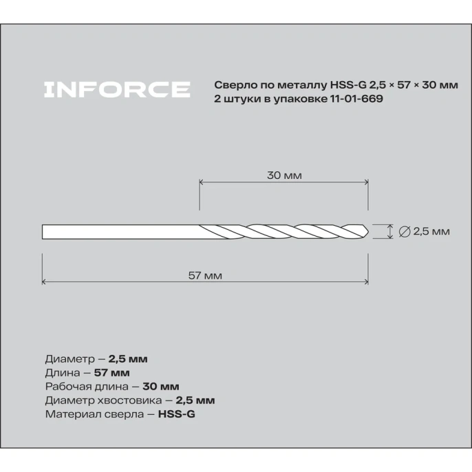 Сверло по металлу HSS-G 2 шт; 2.5х57х30 мм Inforce 11-01-669