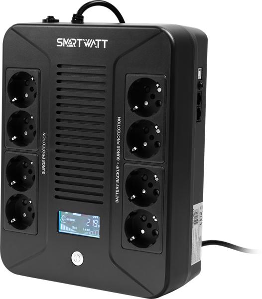 Источник бесперебойного питания SMARTWATT ИБП линейно-интерактивный, мощность 600/360 ВА/Вт, напольный/настенный, LCD дисплей, Shuko CEE7/4 - 8 шт. 4 шт. с резервным питанием, 4 шт. - сетевой фильтр , встроенные АКБ UPS SAFE PRO LCD 600