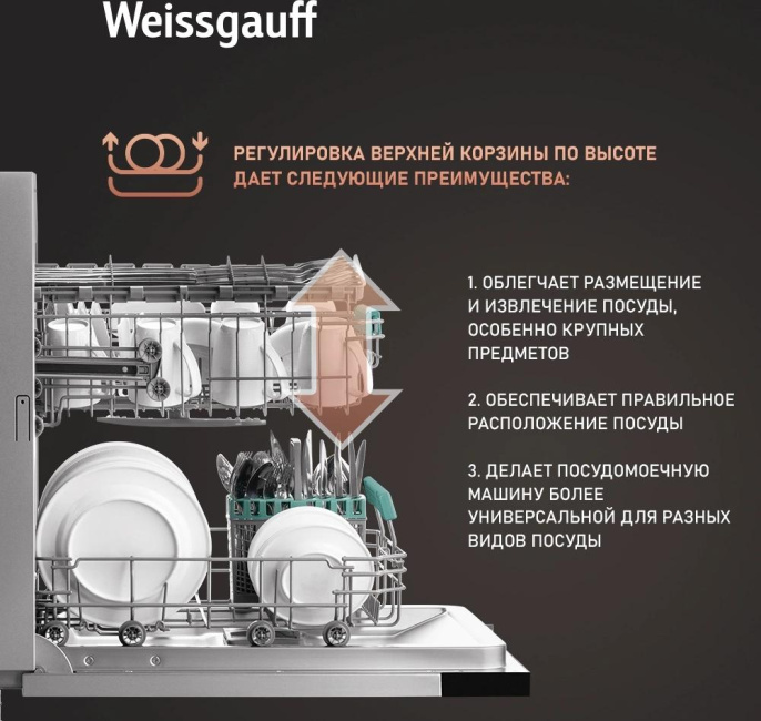 Встраиваемая посудомоечная машина WEISSGAUFF BDW 4526 D, узкая, ширина 44.8см, полновстраиваемая, загрузка 10 комплектов 432978