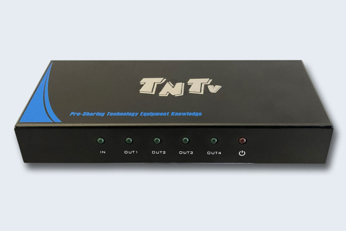 TNTV/TNT MMS-6084VSH Разветвитель,, HDMI 1.4, 1 4 устройства, макс.10м. до входа у-ва+10м. до экрана толщ.жил шнура 24AWG ,, без шнуров, DC 5V, max data rate 10.2 гбит/с;max pixel clock 340 МГц;3D;HDCP1.4;макс.разр.до 3840x2160 30Hz 4:4:4