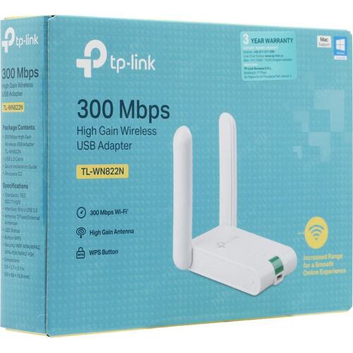 Wi-Fi Сетевой USB-адаптер TP-Link TL-WN822N USB 2.0 Type-A, 802.11n Wi-Fi 4 , до 300 Mbps, антенна 3 dBi, цвет белый , RTL