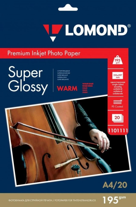 Фотобумага Lomond A4, для струйной печати, 20л, 195г/м2, тепло-белый, покрытие супер глянец [1101111]