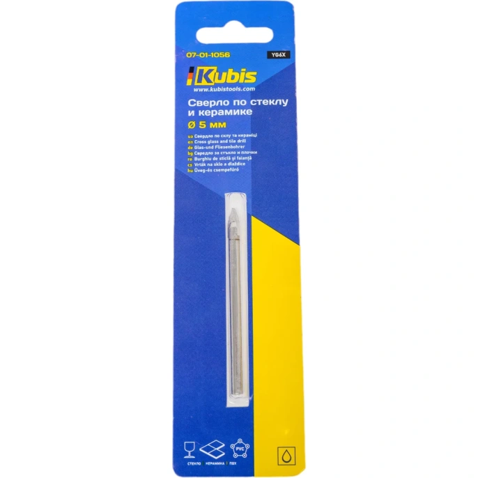 Сверло по стеклу и керамике 2 резца, 5x65 мм, YG6X KUBIS 07-01-1056