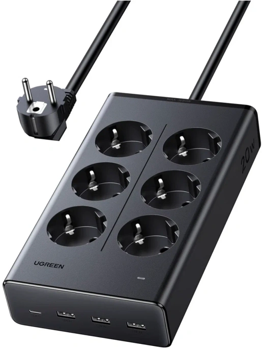 Удлинитель UGREEN S622 (75141) 20W 6-Outlet With USB-C&3*USB-A Power Strip 1.5м. Цвет: черный