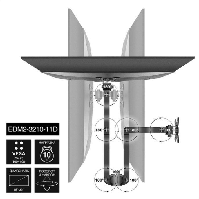 Кронштейн для двух мониторов 13"-32" настольный ExeGate EDM2-3210-11D VESA 75x75, 100x100, макс.нагрузка 2х10 кг, наклон -90°/+90°, поворот -90°/+90°, регулировка по высоте, цвет черный EX297364RUS