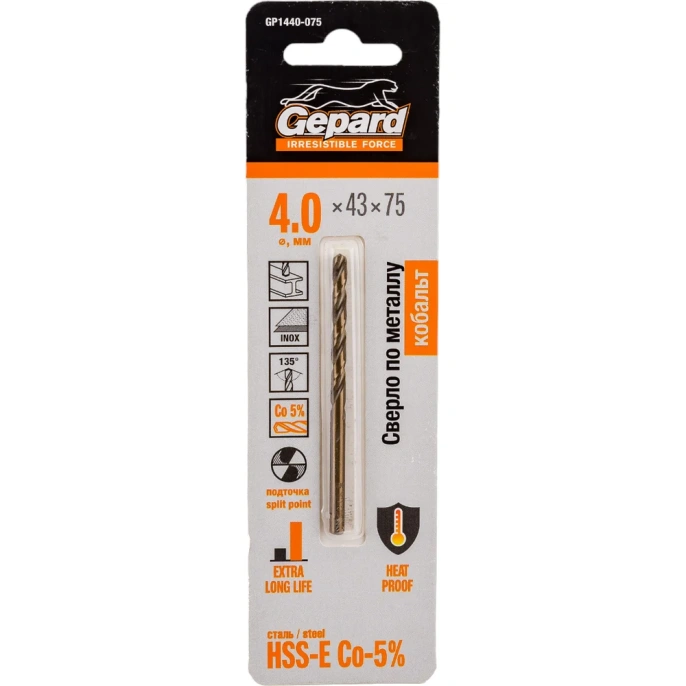 Сверло спиральное по металлу 4x43x75 мм, HSS-Co Gepard GP1440-075
