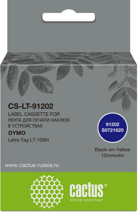 Картридж Cactus CS-LT-91202, 91202, 12мм,  черный шрифт, желтый фон,  4м ( CS-LT-91202