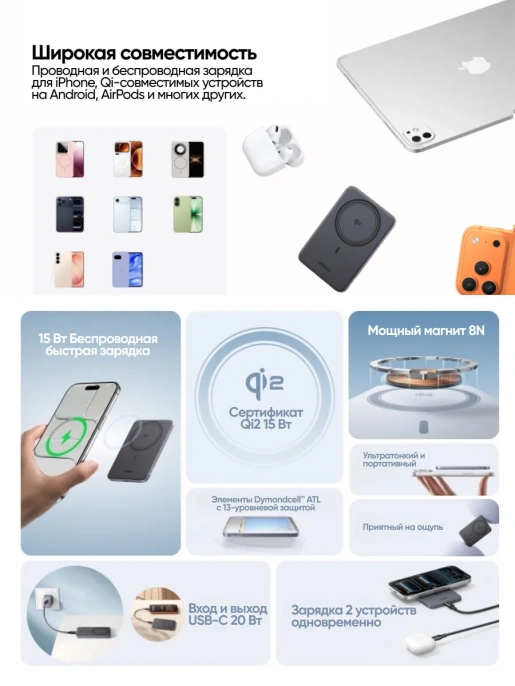 Внешний аккумулятор UGREEN PB580 75984B MagFlow Air Ultra-Slim Magnetic 5000mAh Wireless 15W Power Bank. Цвет: серый космос