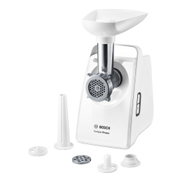 Мясорубка Bosch MFW3520W электрическая, мощность: 500 Вт, мощность при блокировке вала: 1500 Вт, производительность: 1.8 кг/мин, насадки: диск/решетка для фарша, для «кеббе», для домашней колбасы, цвет: белый
